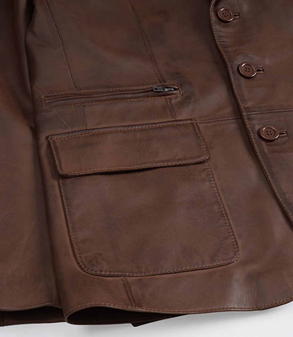 Arya Men's Cognac Three Button Leather Blazer