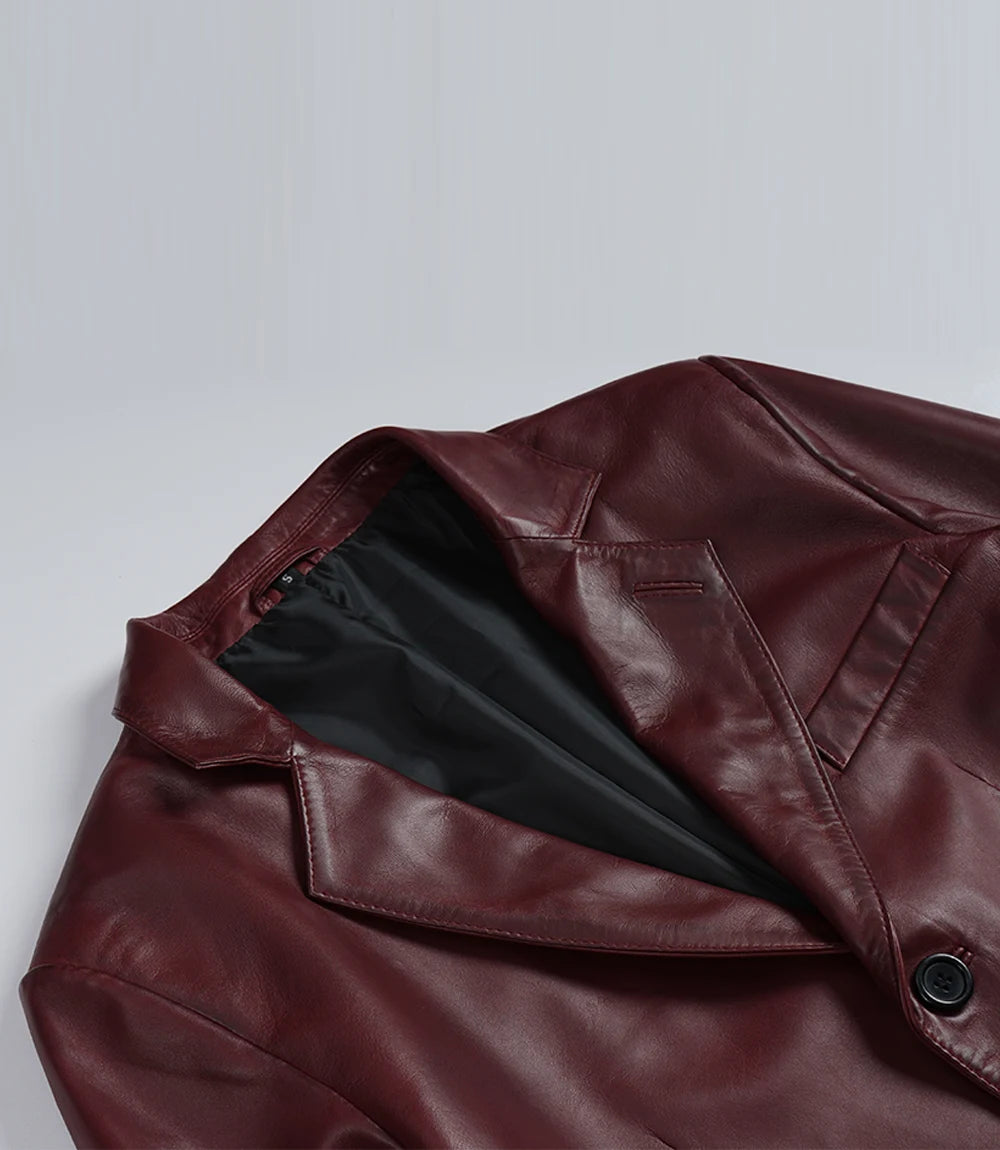 Men's Burgundy Lambskin Leather Blazer - Three Button Style