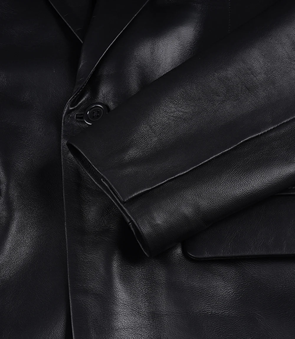 Men's Black Lambskin Leather Blazer Shawl Lapel - Single Button