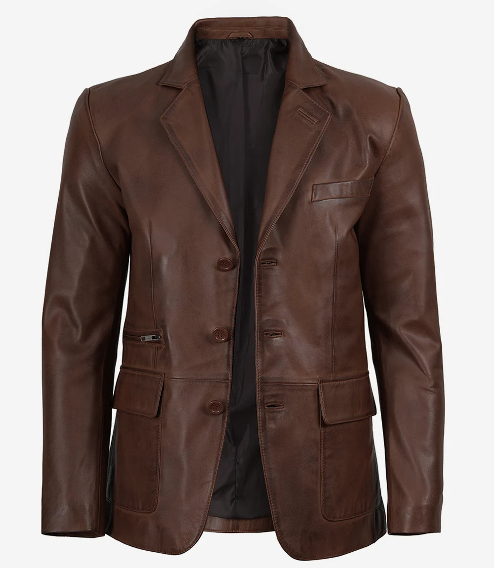 Arya Men's Cognac Three Button Leather Blazer