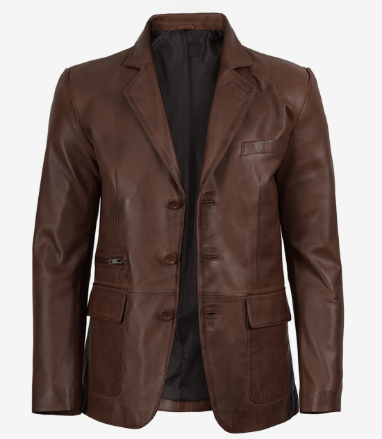 Arya Men's Cognac Three Button Leather Blazer