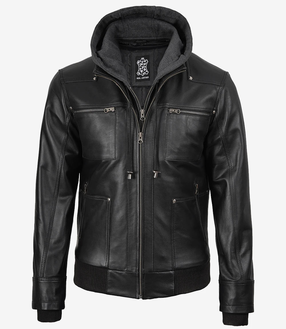 Men's Black Real Leather Jacket With Removable Hood