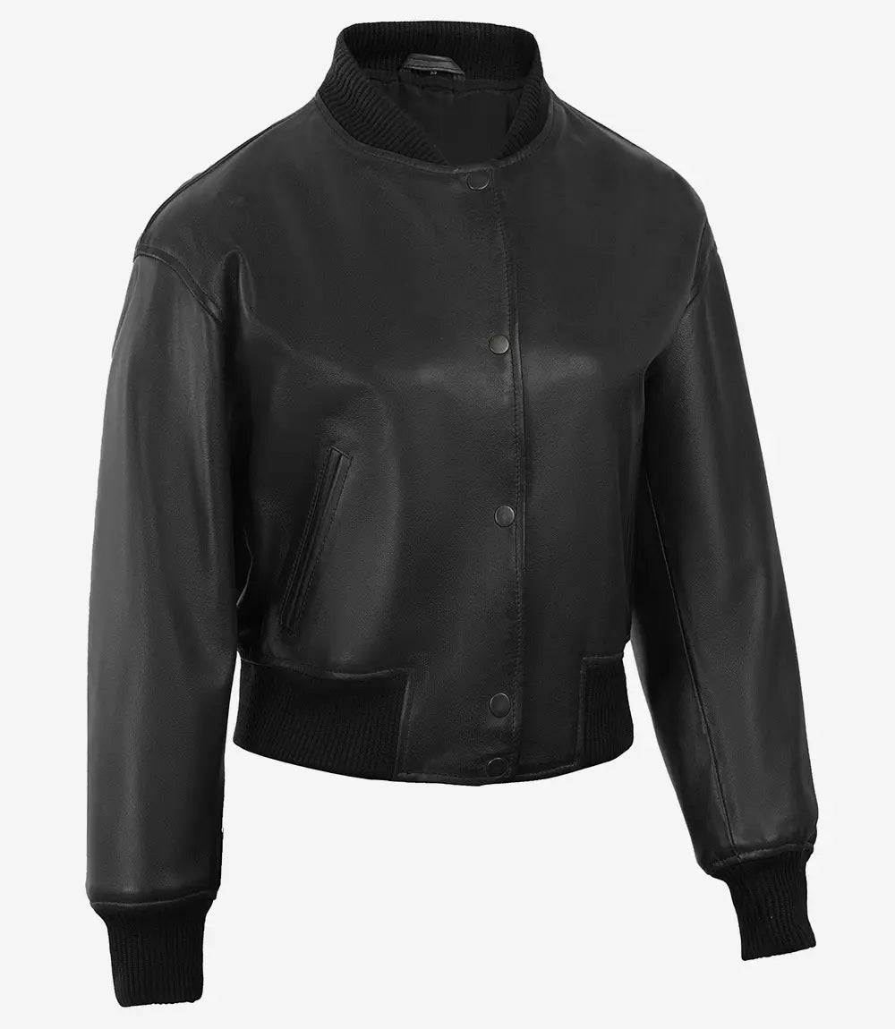 Women's Black Cropped Leather Bomber Jacket — Drop Shoulders