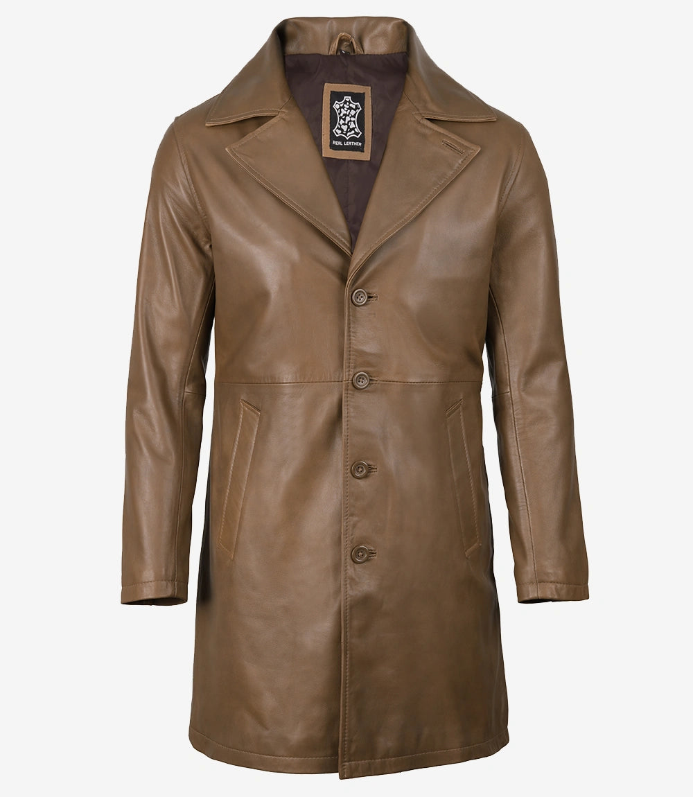 Men's 3/4 Length Brown Leather Car Coat