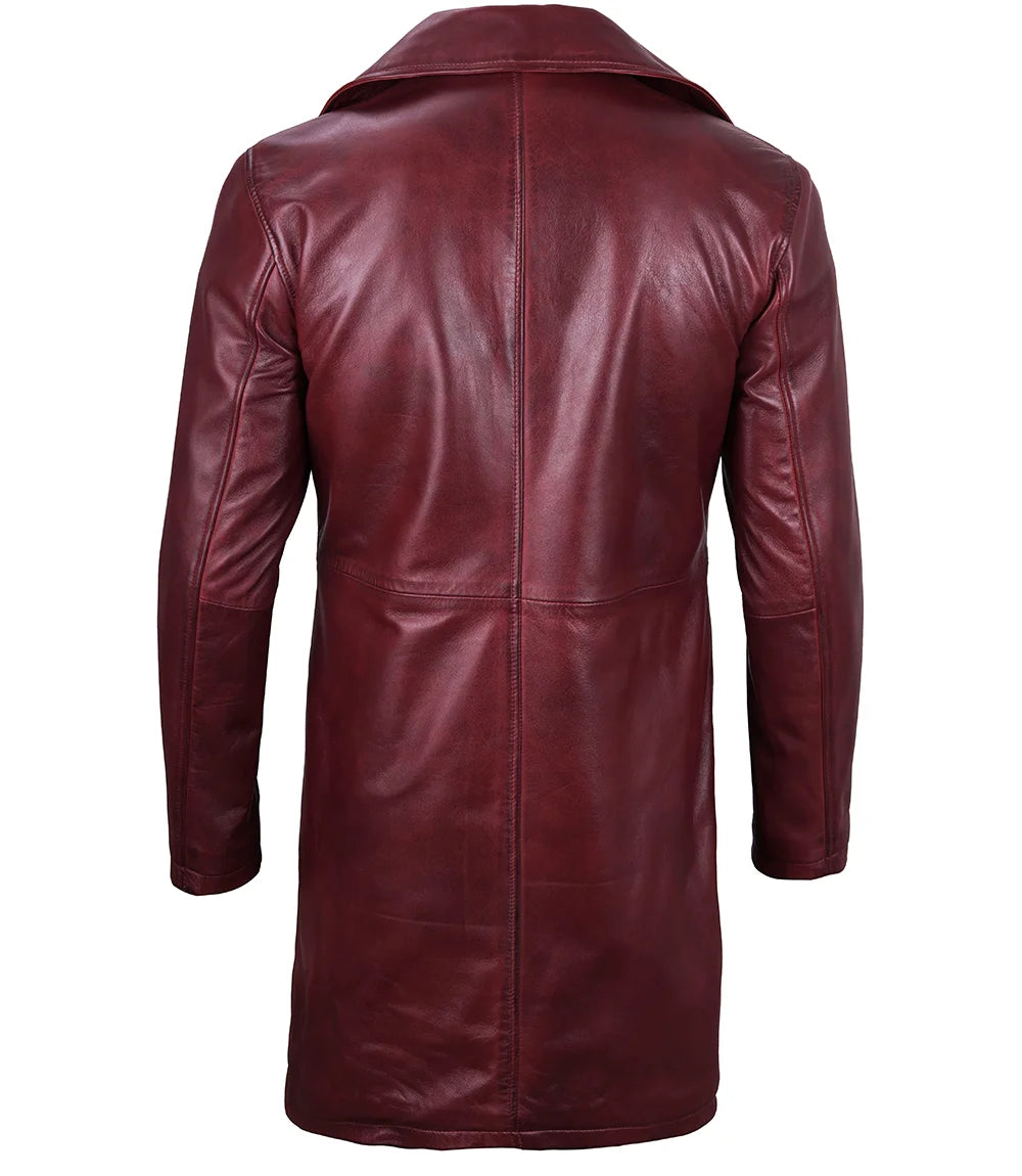 Men's Burgundy 3/4 Real Leather Car Coat