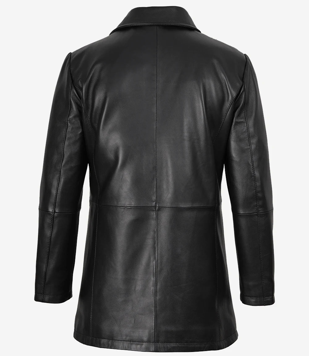 Men Black Real Leather 3/4 Length Car Coat
