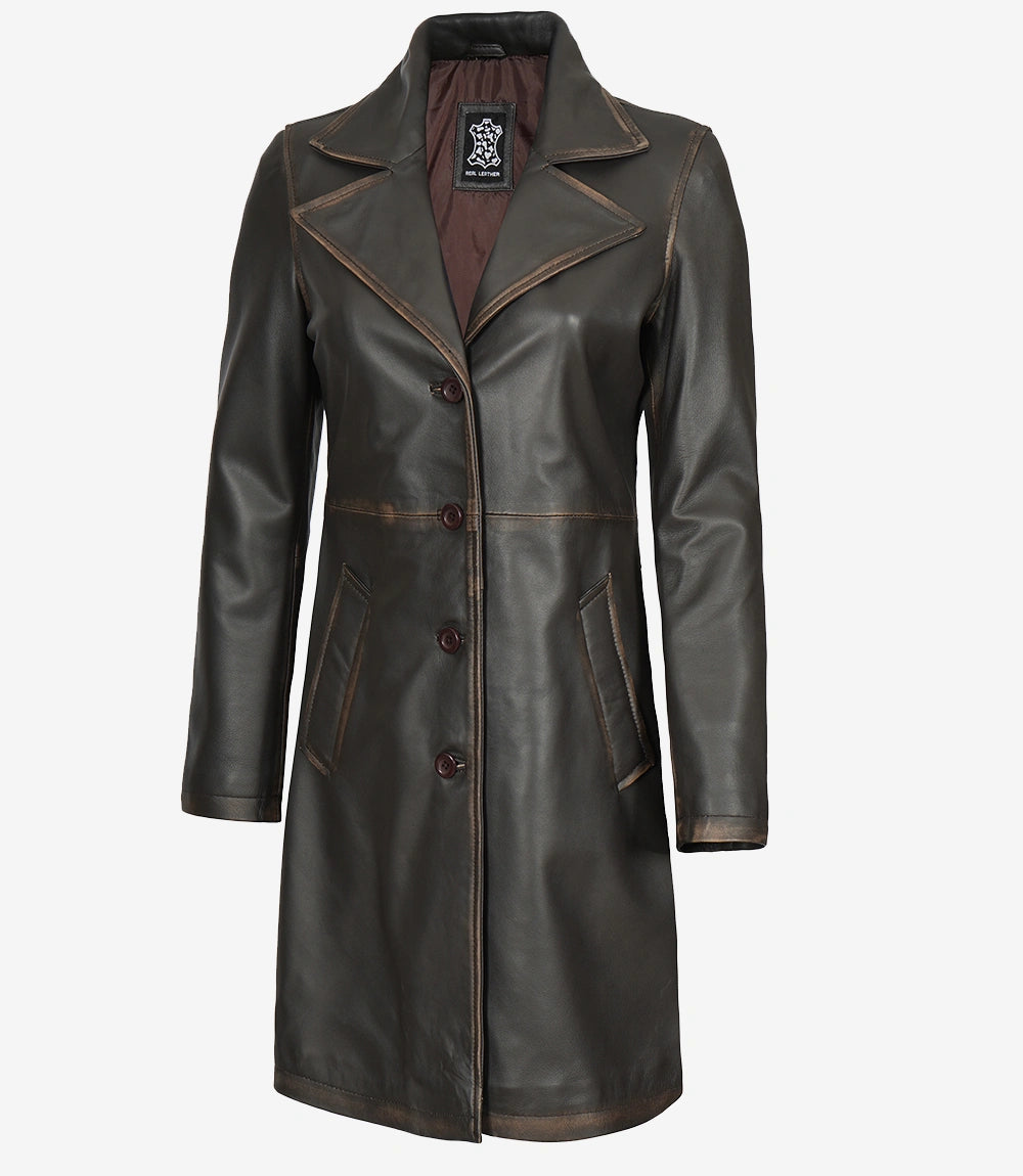 Women's Rub Off Dark Brown Leather Coat