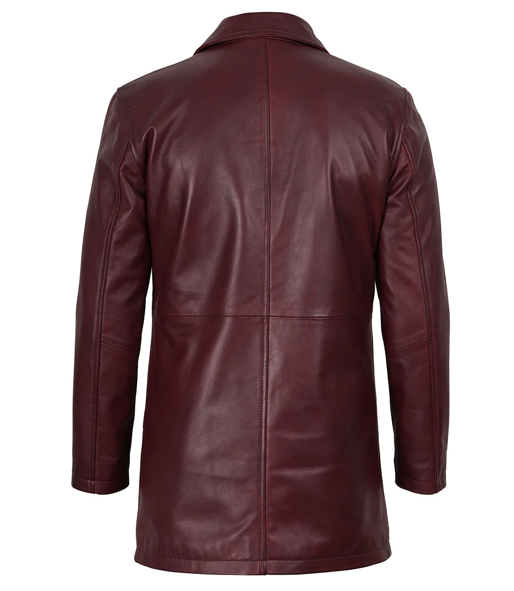 Men's Burgundy Real Lambskin Leather Car Coat