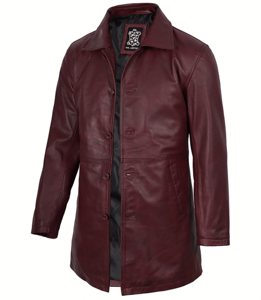 Men's Burgundy Real Lambskin Leather Car Coat