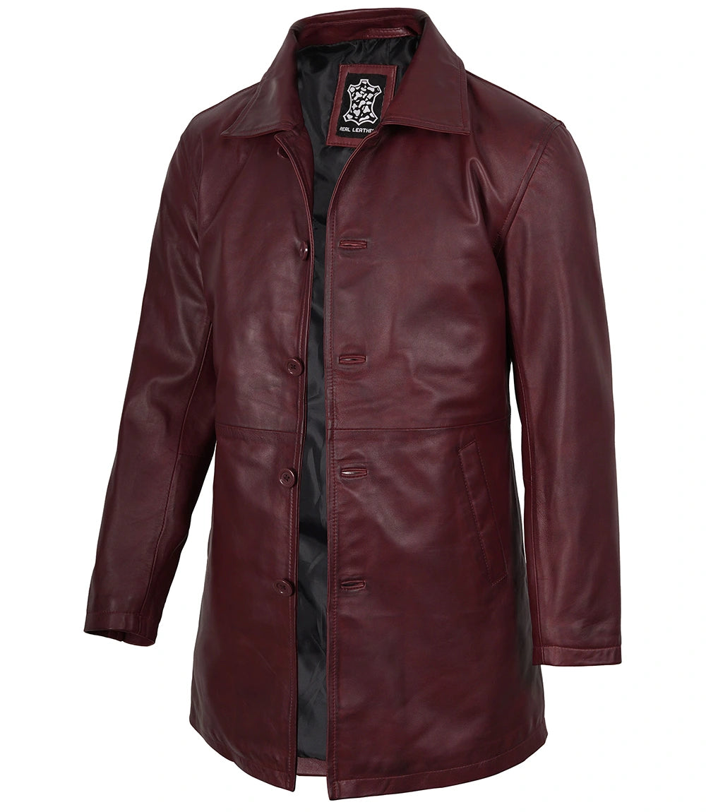 Men's Burgundy Real Lambskin Leather Car Coat