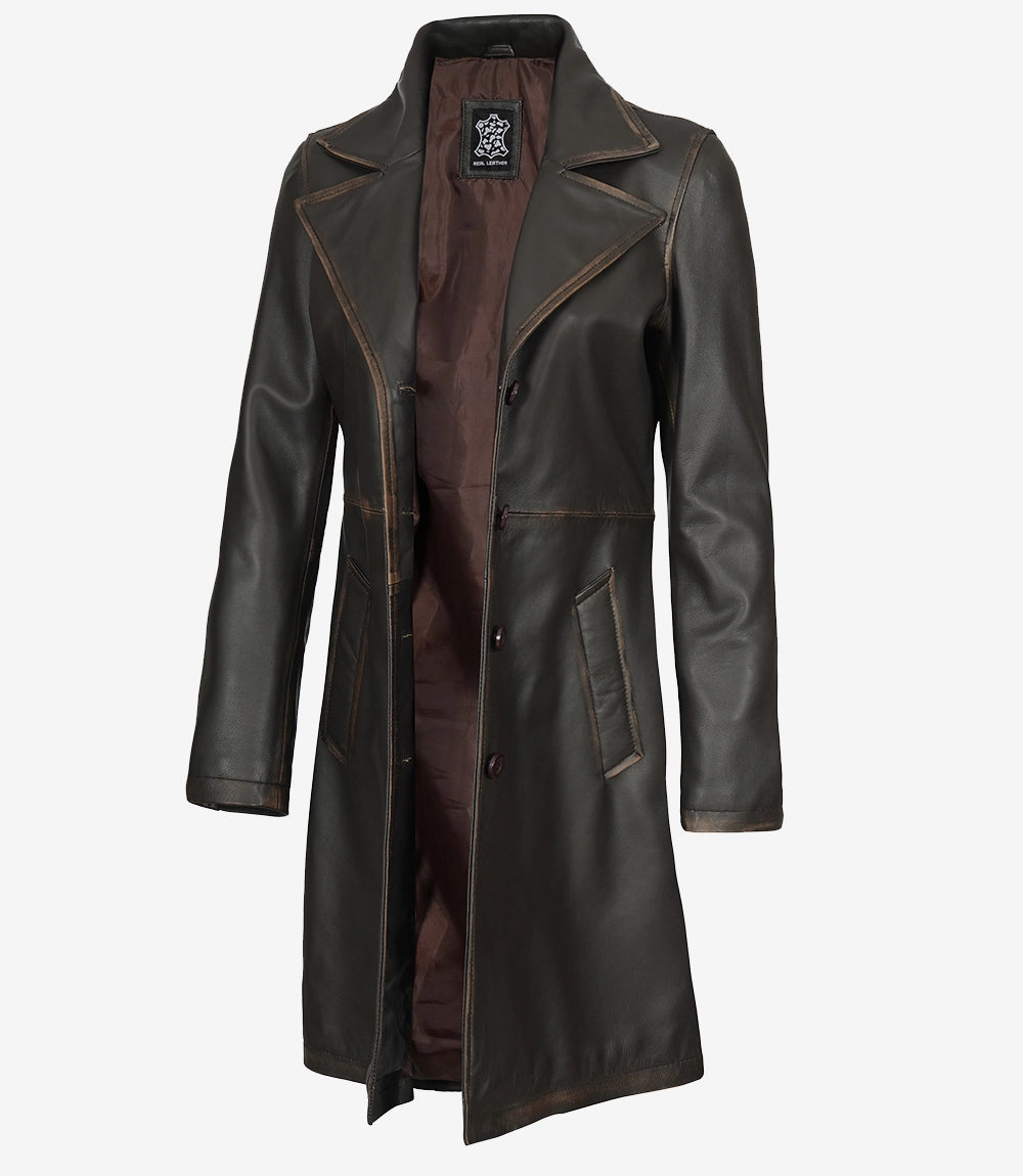 Women's Rub Off Dark Brown Leather Coat