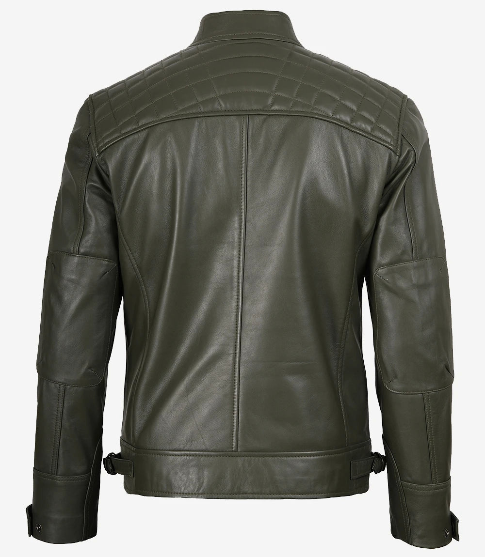 Men's Olive Green Real Leather Cafe Racer Jacket