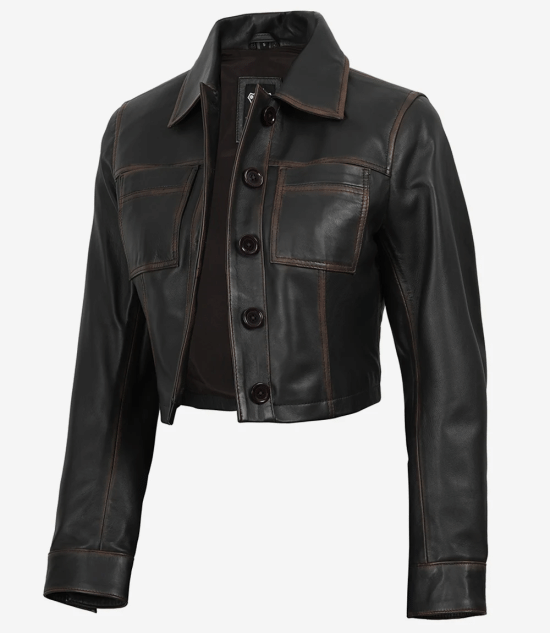 Women's Vintage Dark Brown Cropped Leather Harrington Jacket