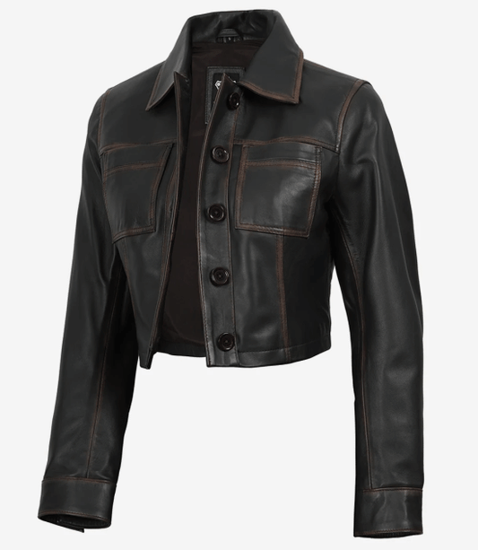 Women's Vintage Dark Brown Cropped Leather Harrington Jacket
