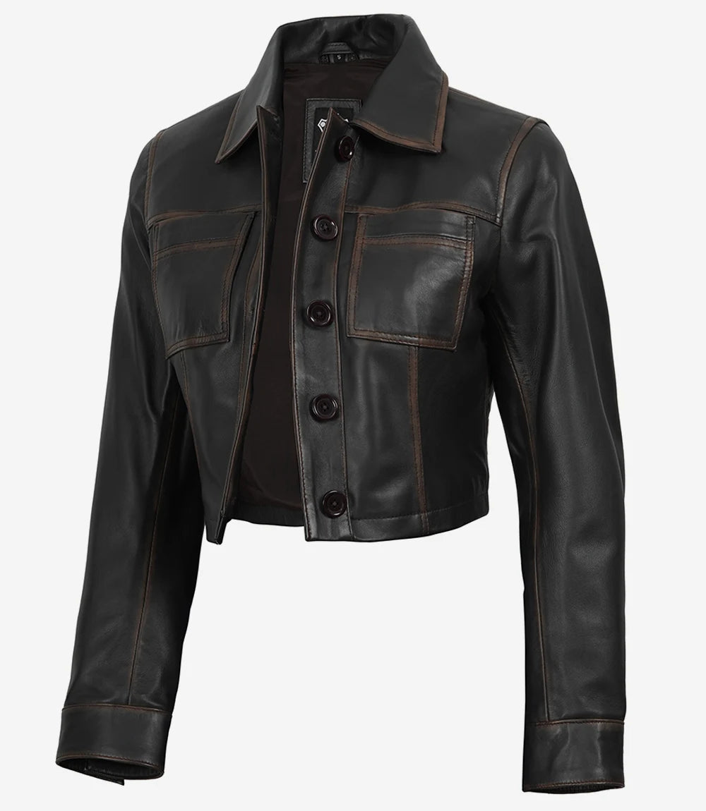 Women's Vintage Dark Brown Cropped Leather Harrington Jacket