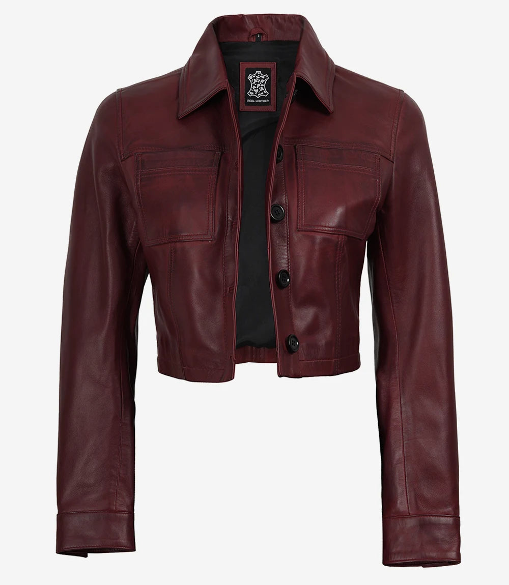 Women's Burgundy Wax Cropped Leather Harrington Jacket