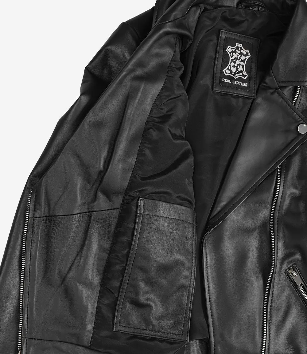 Women's Black Real Leather Biker Jacket — Asymmetric