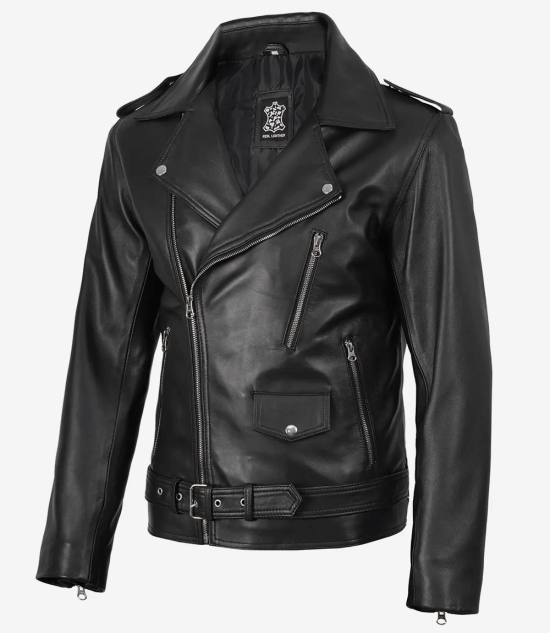 Men's Black Belted Biker Leather Jacket