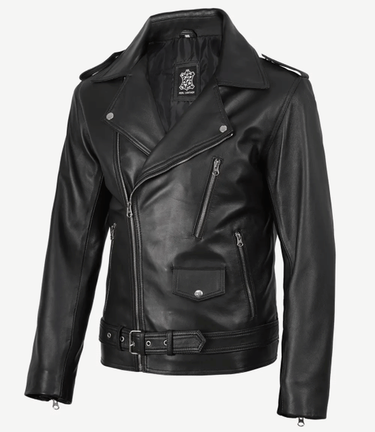 Men's Black Belted Biker Leather Jacket