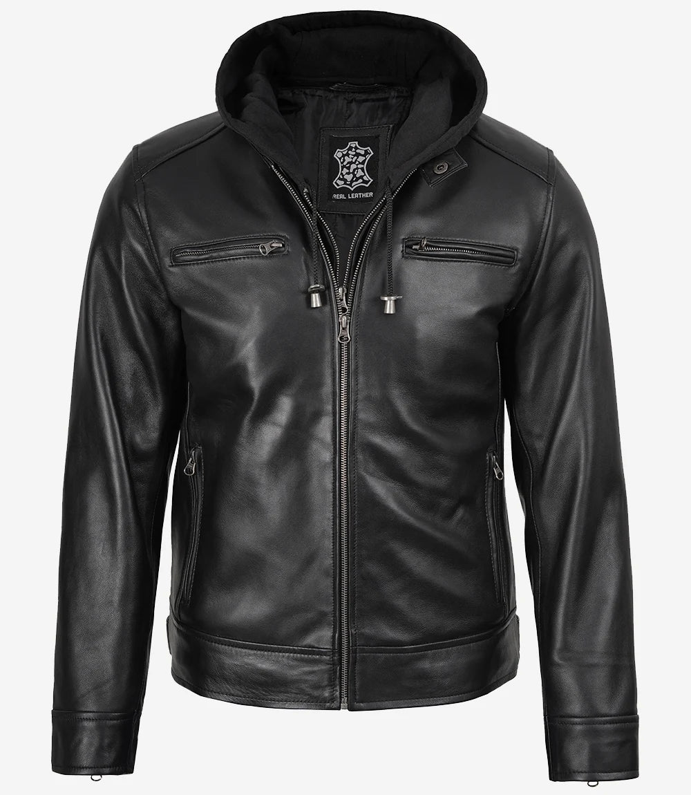 Men's Black Real Leather Jacket — Removable Hoodie