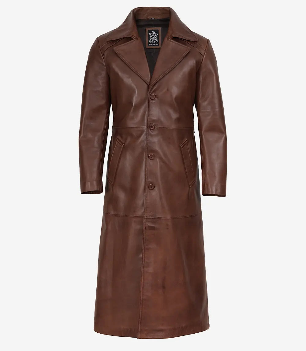 Dark Brown Leather Long Men's Duster Coat