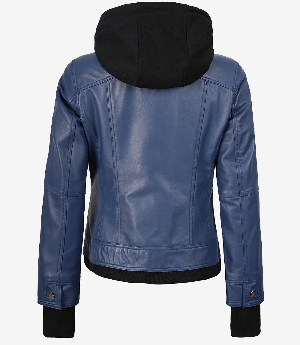 Women's Blue Real Leather Bomber Jacket with Removable Hood