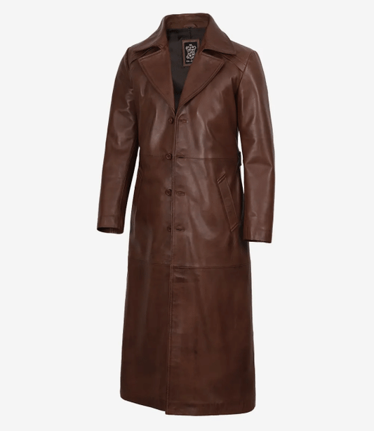 Dark Brown Leather Long Men's Duster Coat