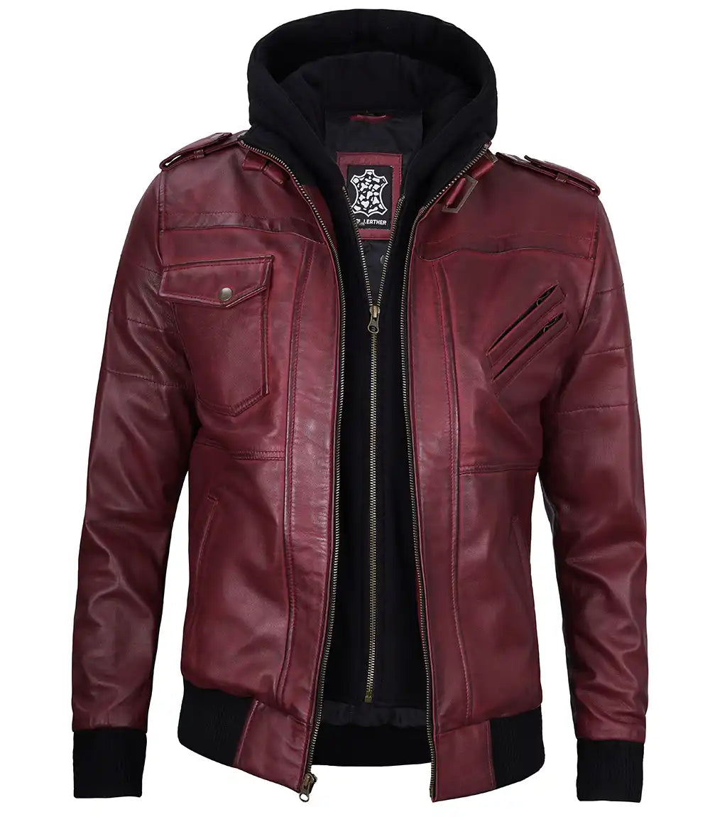 Men's Burgundy Bomber Leather Jacket with Removable Hood