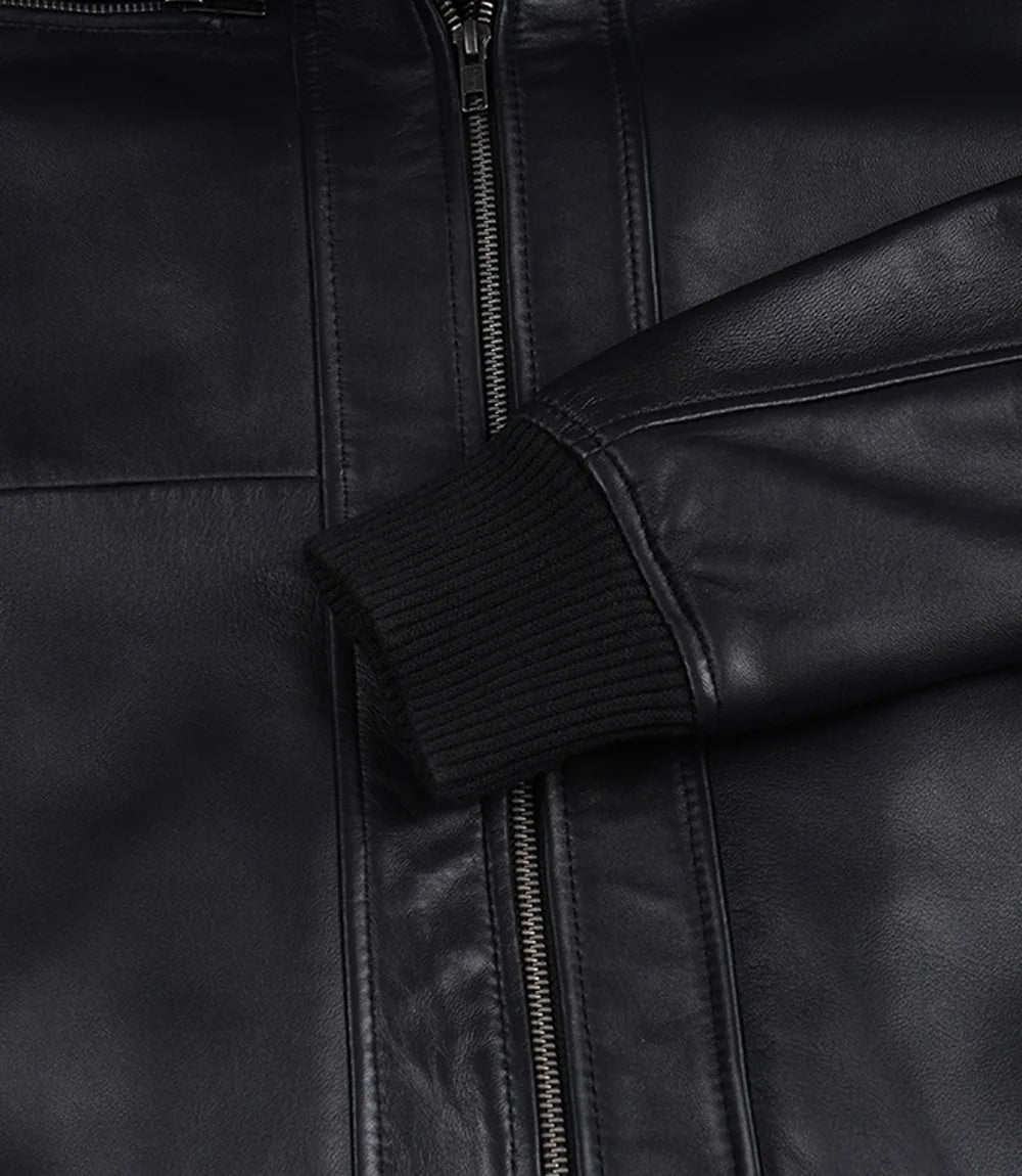 Men's Black Hooded Leather Bomber Jacket with Quilted Shoulders