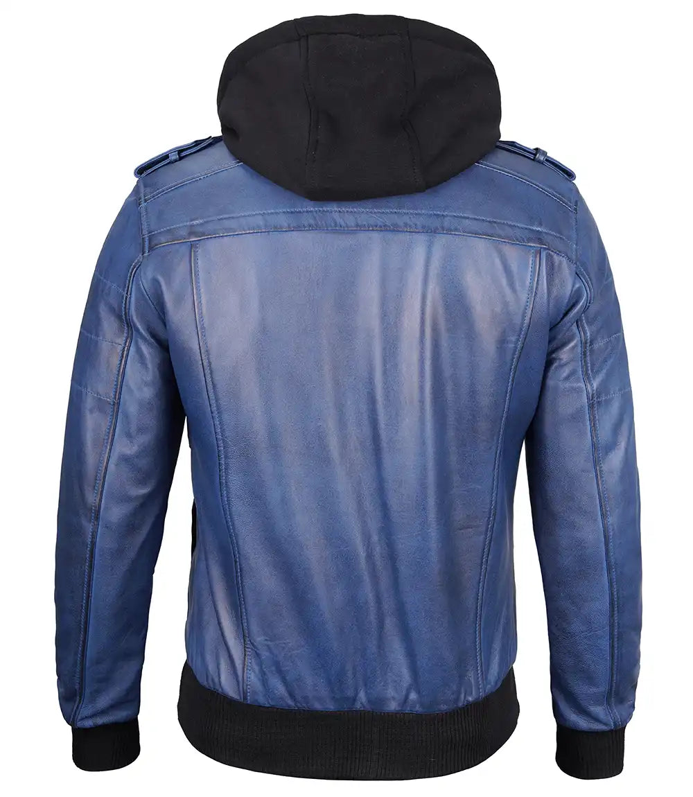 Men's Blue Leather Bomber Jacket with Removable Hood