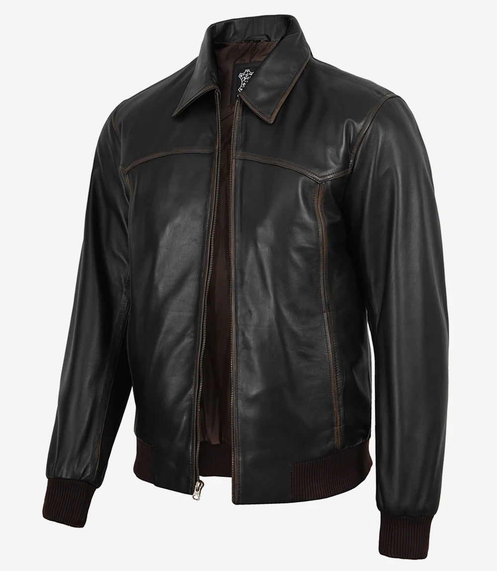 Men's Dark Brown Bomber Lambskin Leather Jacket