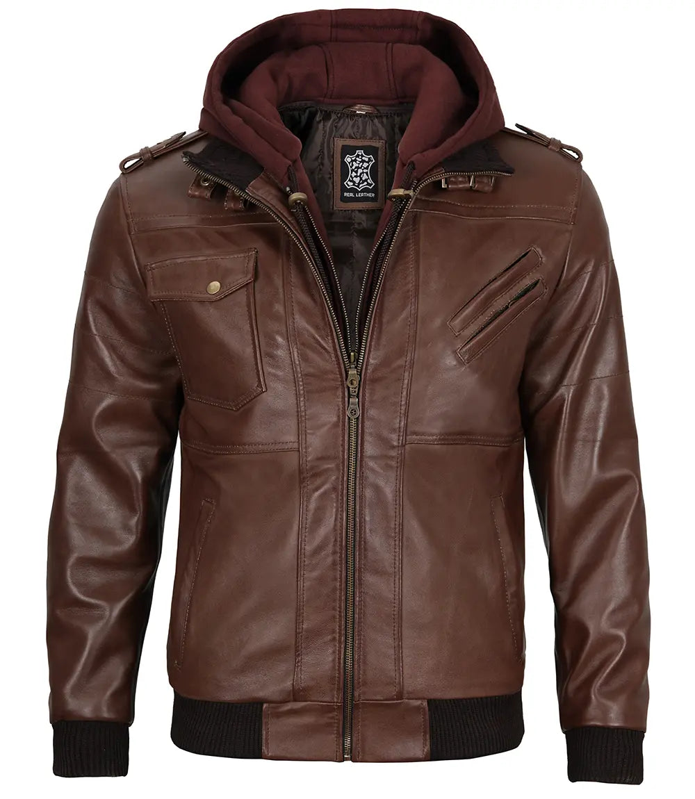Men's Tall Dark Brown Leather Bomber Jacket With Hood