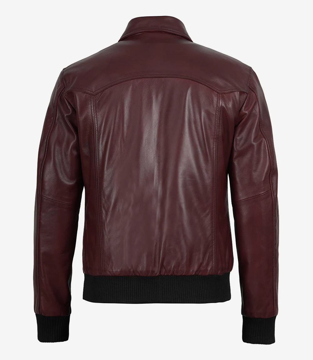 Men's Burgundy Wax Leather Bomber Jacket Harrington Style