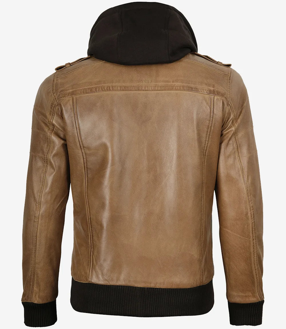 Men's Camel Brown Leather Jacket with Removable Hood