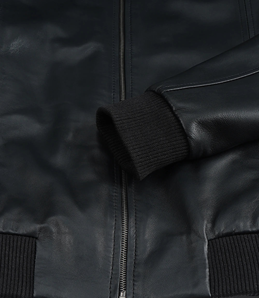 Men's Black Lambskin Leather Bomber Jacket - Shirt Collar