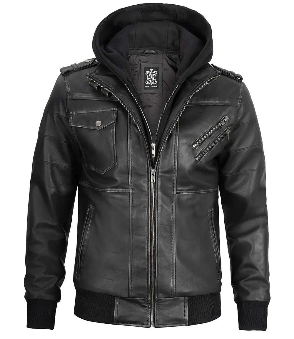 Men's Dark Gray Leather Bomber Jacket with Removable Hood