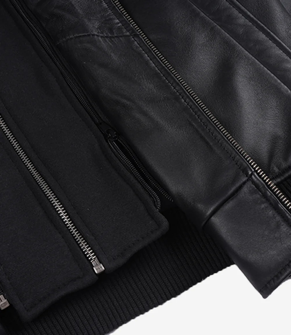 Men's Black Hooded Leather Bomber Jacket with Quilted Shoulders