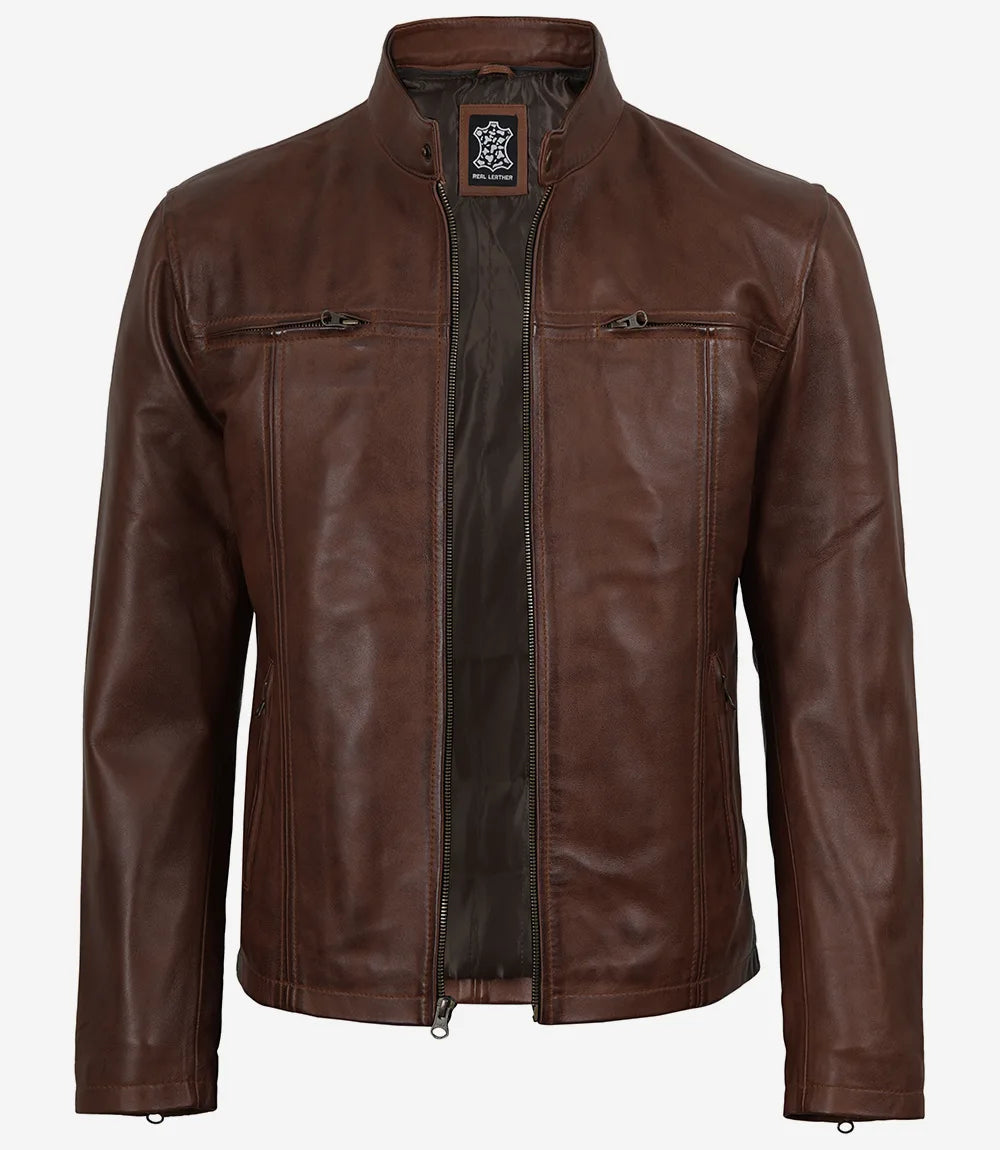 Men's Cognac Wax Lambskin Leather Jacket with Removable Hood