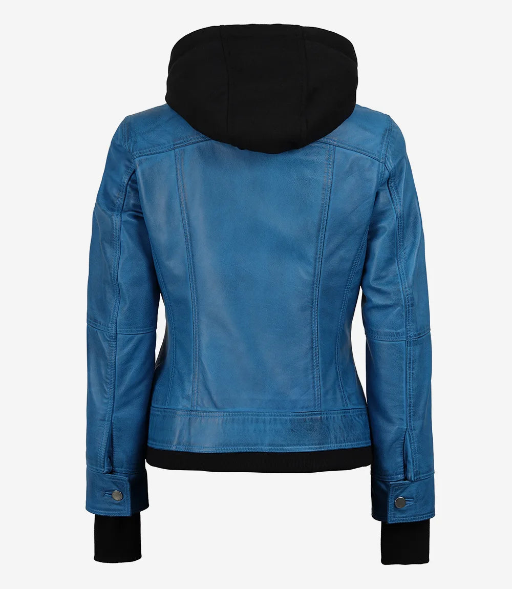 Women's Vivid Blue Lambskin Jacket - Detachable Hood with Thumbholes