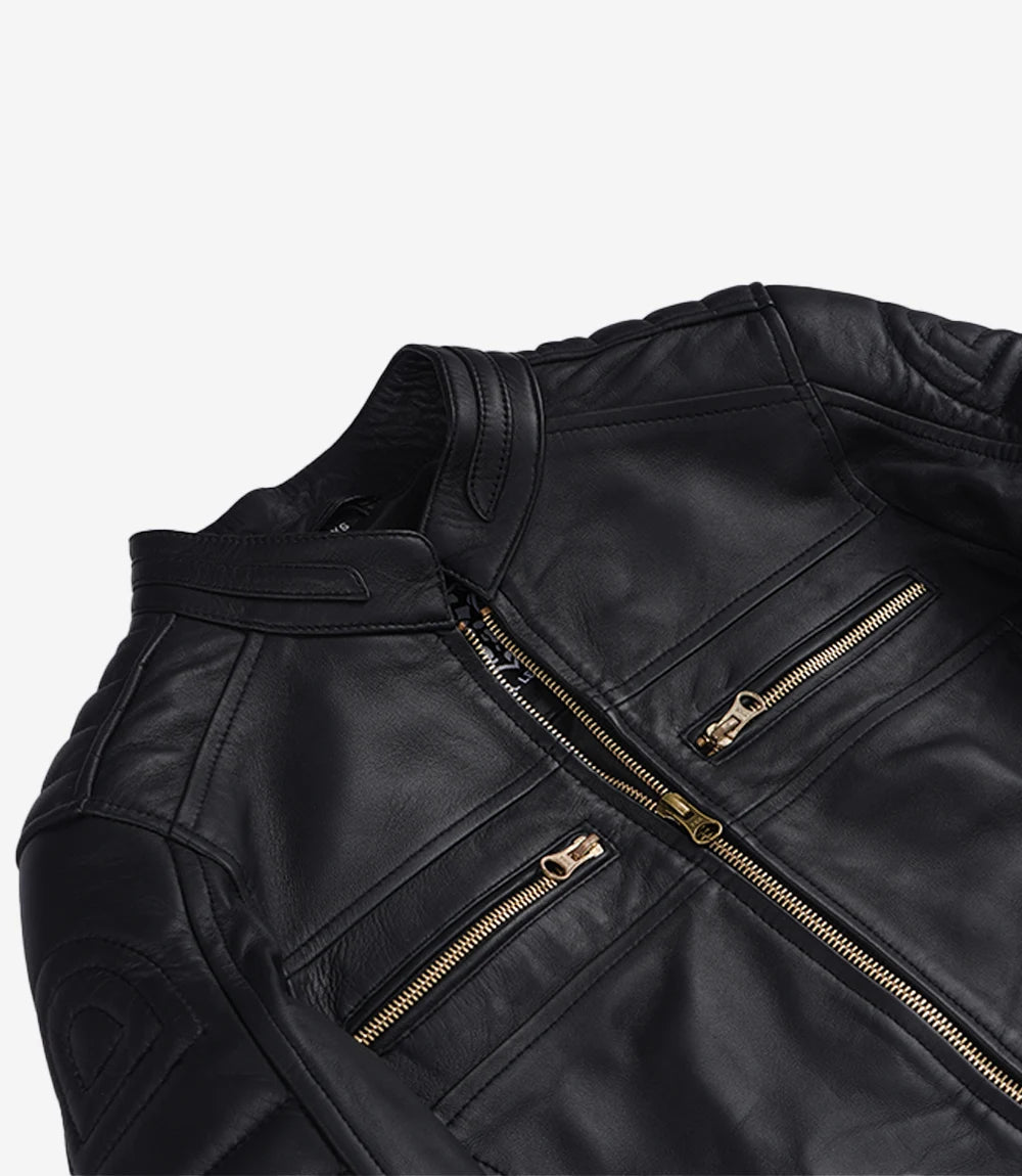 Women's Black Biker Style Leather Jacket - Golden Hardware