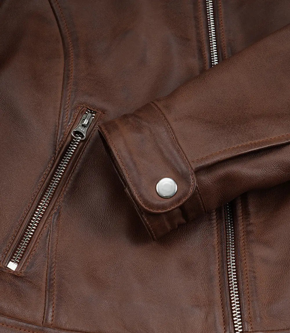 Women's Cognac Wax Real Leather Biker Jacket