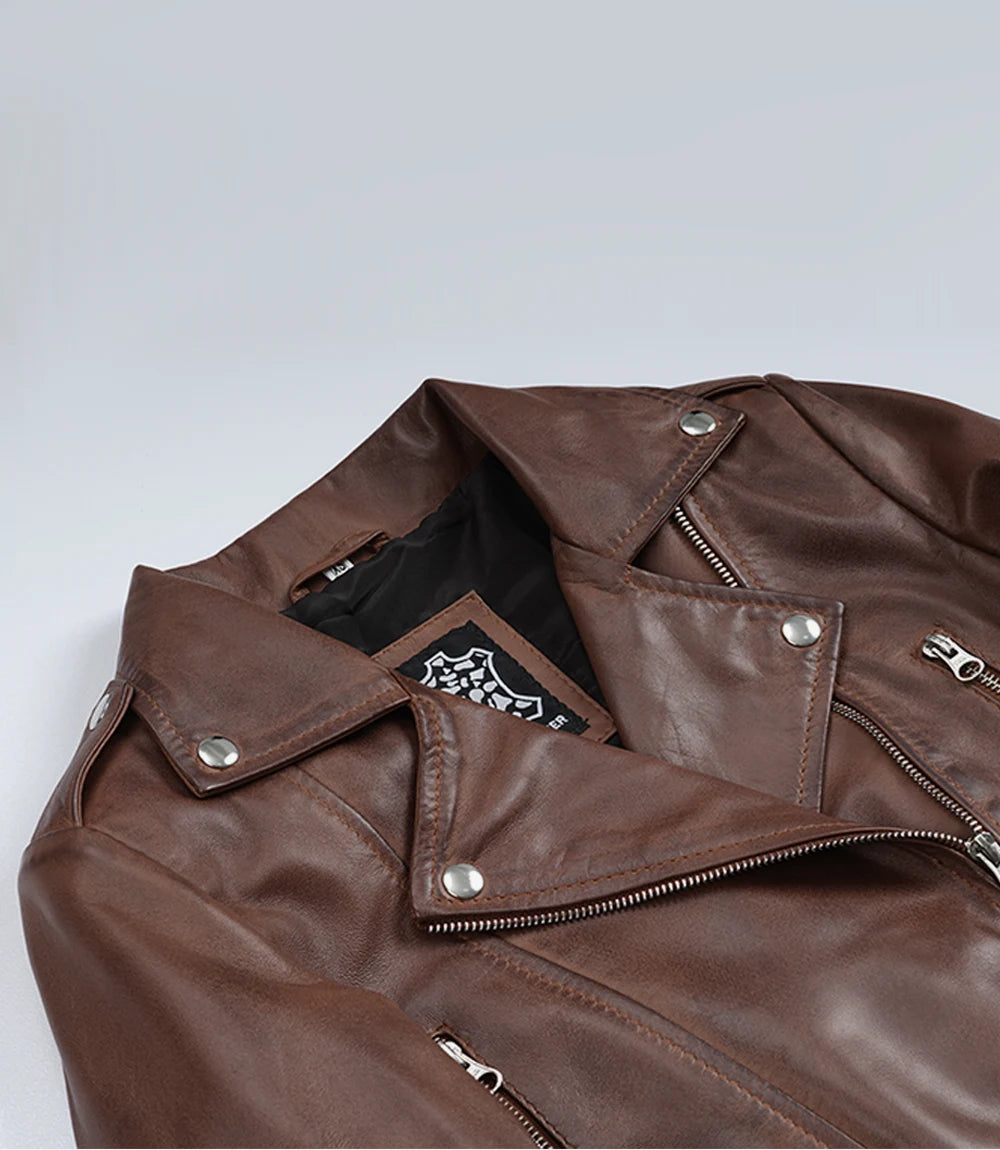 Women's Cropped Cognac Wax Moto Leather Jacket