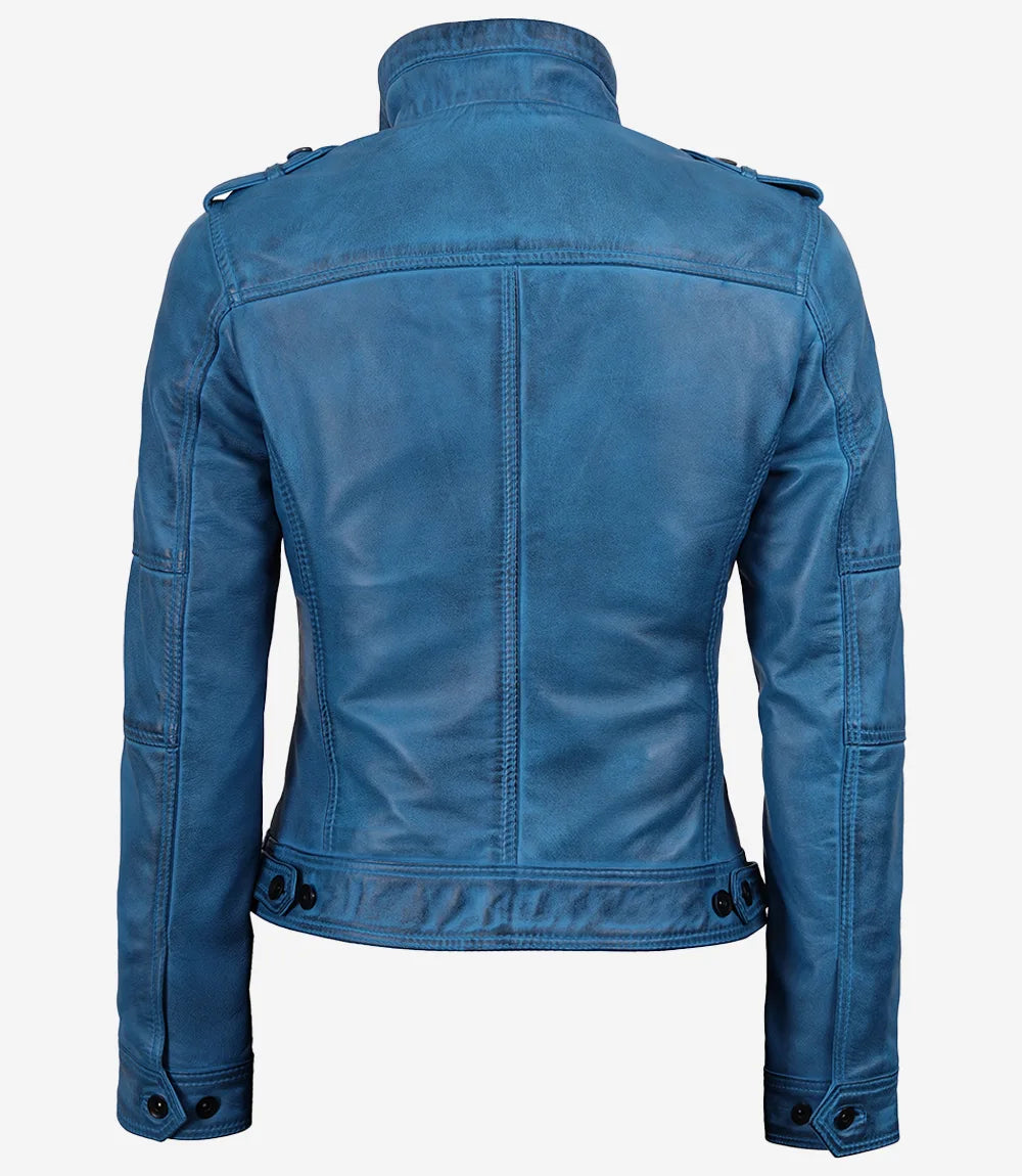 Women's Wax Blue Leather Biker Jacket