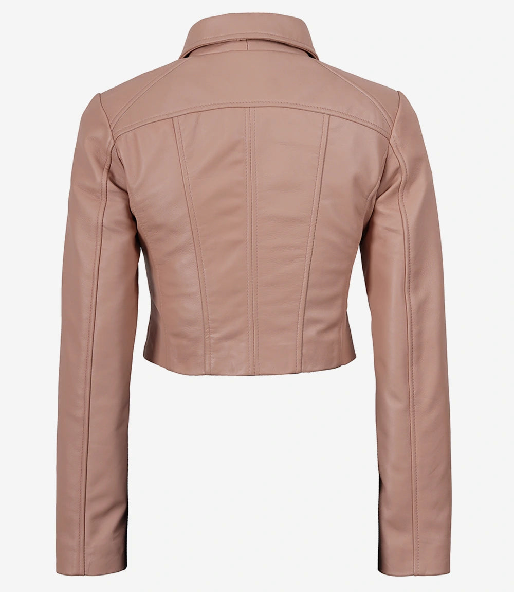 Women's Pink Cropped Leather Harrington Jacket