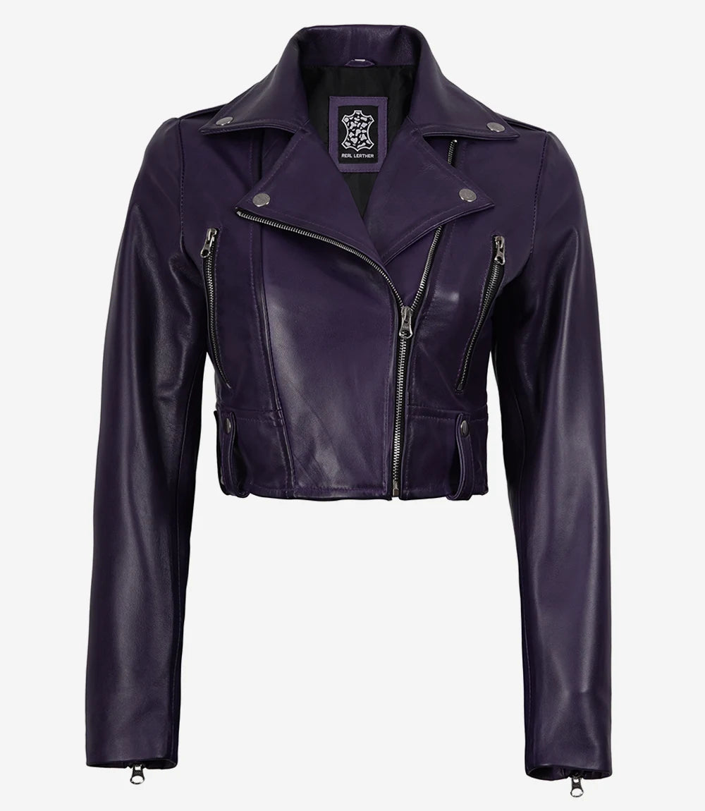 Women's Cropped Purple Biker Style Real Leather Jacket