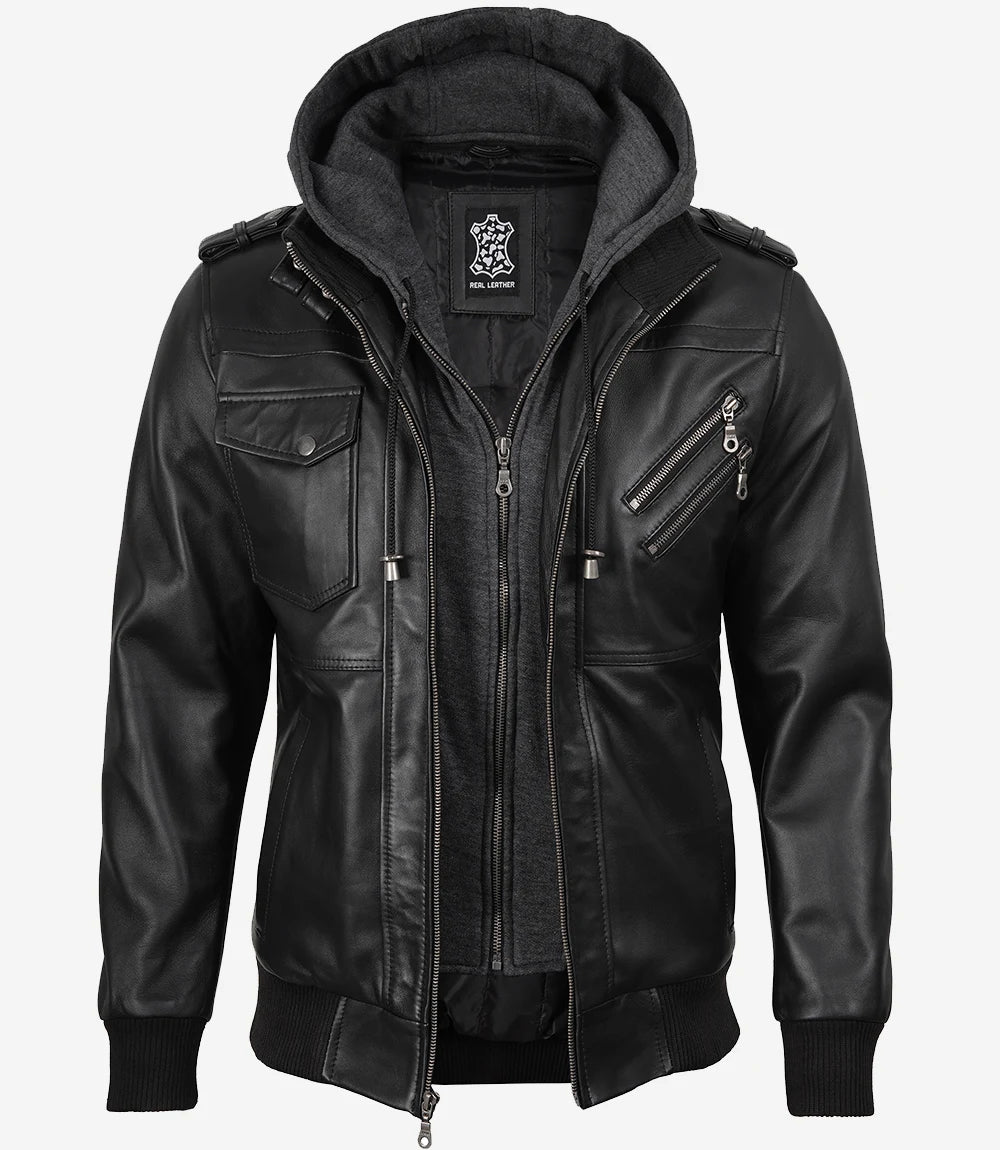 Black Bomber Men's Leather Jacket — with Removable Hood