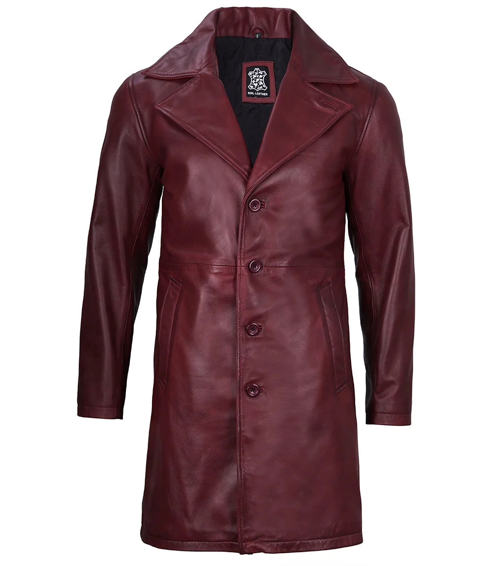 Men's Burgundy 3/4 Real Leather Car Coat