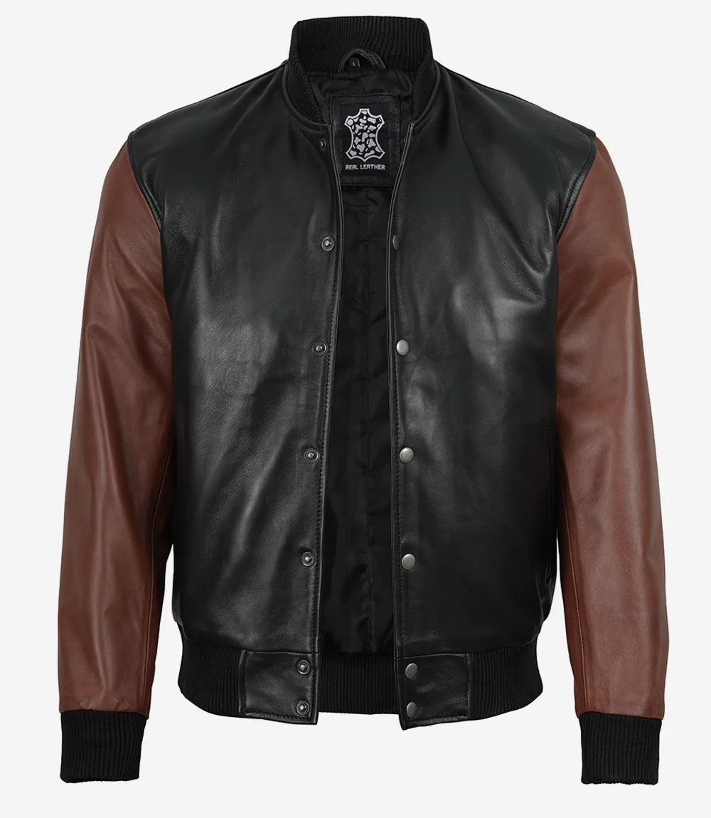 Men's Black & Cognac Leather Letterman Varsity Jacket