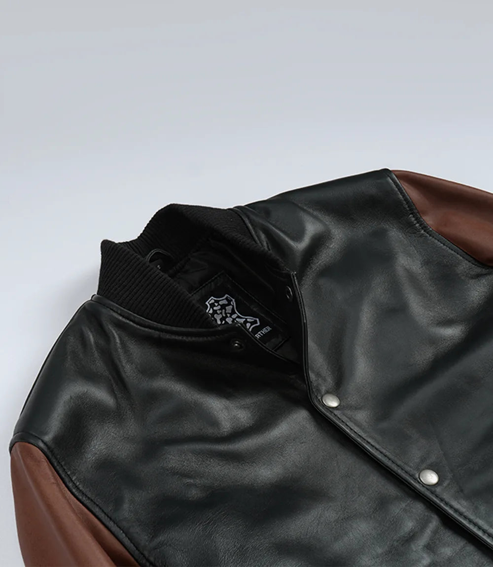 Men's Black & Cognac Leather Letterman Varsity Jacket
