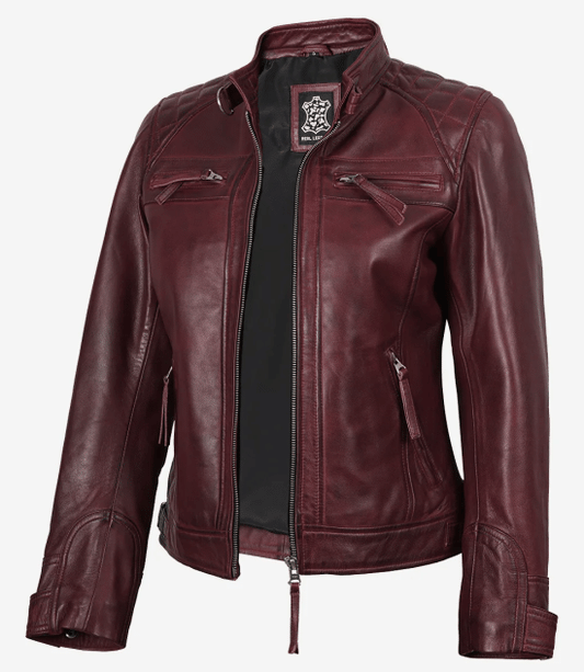 Women's Burgundy Quilted Cafe Racer Leather Jacket